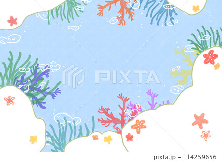 小魚と珊瑚とヒトデのいる海の背景イラスト 114259656