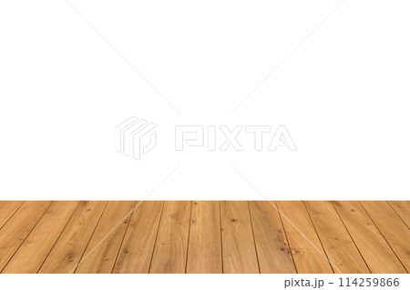 Wood table perspective background vector illustration. Wooden desk isolated on white backdrop with top front view. Realistic kitchen brown board. Rustic countertop of timber surface. Home furniture 114259866