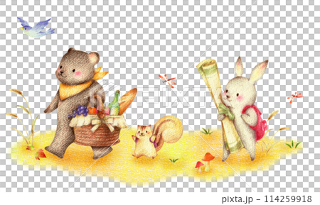 一隻熊、松鼠、兔子和藍鳥在秋天的田野裡野餐 — 手繪色鉛筆畫 114259918