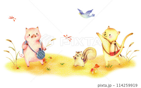 ピクニックに歩いて出かける秋の野原のぶた、りす、ねこ、青い鳥 手描き色鉛筆画 ピクニックに歩いて出かける秋の野原のぶた、りす、ねこ、青い鳥 手描き色鉛筆画 114259919