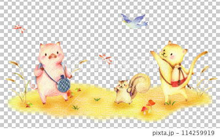 ピクニックに歩いて出かける秋の野原のぶた、りす、ねこ、青い鳥 手描き色鉛筆画 ピクニックに歩いて出かける秋の野原のぶた、りす、ねこ、青い鳥 手描き色鉛筆画 114259919