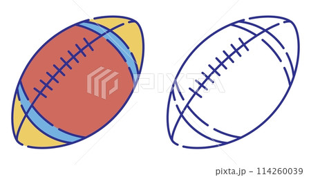 Thin line stroked color icon. Bright ball for playing American football. Rugby team sports equipment. Simple vector isolated on white background 114260039