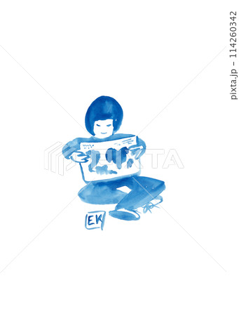 Back to school. The little girl looks at the map. Cartoon character. Silhouette of a child in blue paint. Lifestyle concept. Modern design 114260342