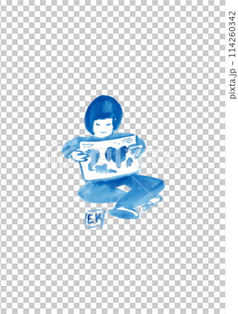 Back to school. The little girl looks at the map. Cartoon character. Silhouette of a child in blue paint. Lifestyle concept. Modern design 114260342
