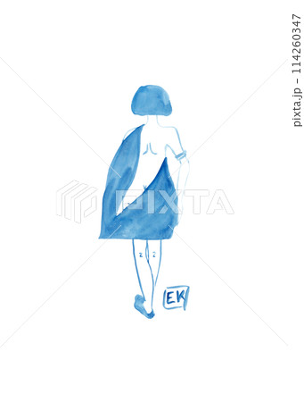 The woman came out of the shower. Silhouette of a girl's figure in a towel. Cartoon sketch in blue watercolor. Isolated illustration. Contemporary art for your design 114260347