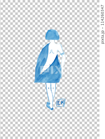 The woman came out of the shower. Silhouette of a girl's figure in a towel. Cartoon sketch in blue watercolor. Isolated illustration. Contemporary art for your design 114260347