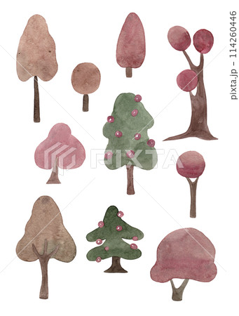 Simple and decorated trees in vintage style. Watercolor abstract drawing. Isolated illustrations. Decorative texture. Winter and autumn season. Flat design style 114260446
