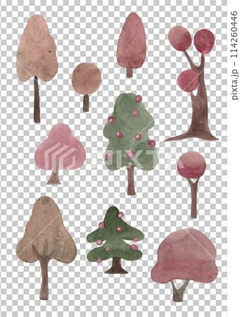 Simple and decorated trees in vintage style. Watercolor abstract drawing. Isolated illustrations. Decorative texture. Winter and autumn season. Flat design style 114260446