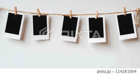 close up of a 5 blank note papers, photo frame on a rope with clothespins white background close up of a 5 blank note papers, photo frame on a rope with clothespins white background 114261004