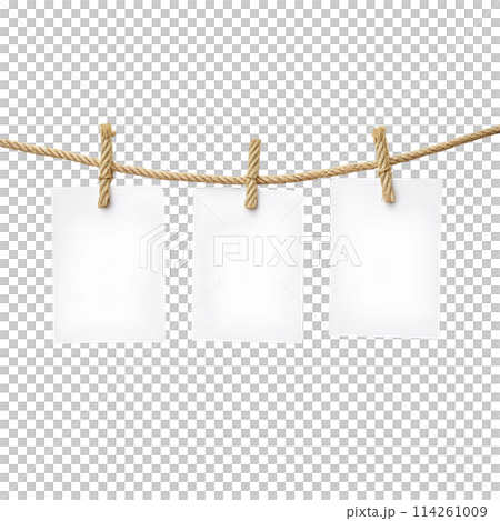 close up of a 3 blank note papers, photo frame on a rope with clothespins white background close up of a 3 blank note papers, photo frame on a rope with clothespins white background 114261009