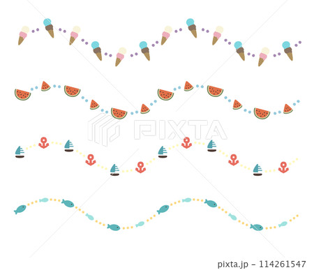 ポップな飾り罫(主線なし):アイス・スイカ・マリン・魚 ポップな飾り罫(主線なし):アイス・スイカ・マリン・魚 114261547