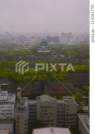 大阪城を望む春の長雨、四月、タワーマンションのラウンジより大阪城公園を望む 大阪城を望む春の長雨、四月、タワーマンションのラウンジより大阪城公園を望む 114261750