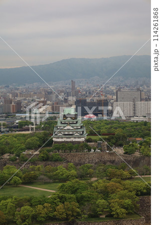 大阪城を望む春の長雨、四月、タワーマンションのラウンジより大阪城公園を望む 114261868