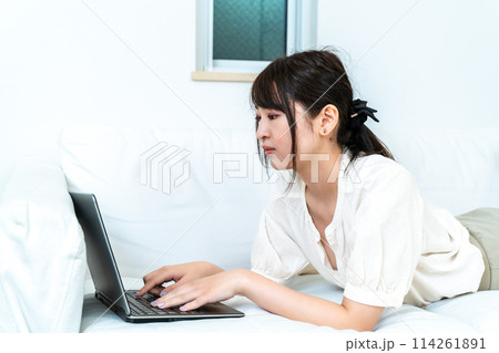 自宅でパソコン作業をする女性 自宅でパソコン作業をする女性 114261891