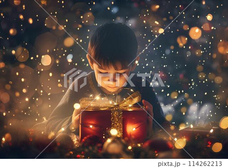 Little boy with christmas gift on background of golden bokeh 114262213