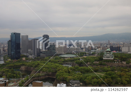 大阪城を望む春の長雨、四月、タワーマンションのラウンジより大阪城公園を望む 大阪城を望む春の長雨、四月、タワーマンションのラウンジより大阪城公園を望む 114262597