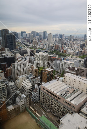 大阪城を望む春の長雨、四月、タワーマンションのラウンジより大阪城公園を望む 114262599