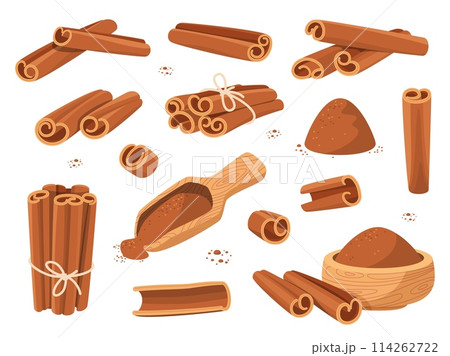 Cartoon cinnamon sticks with powder. Sweet cooking and bakery spices, organic aroma elements, fragrant bark rolled into tubes, coffee condiment, ingredient culinary, vector isolated set Cartoon cinnamon sticks with powder. Sweet cooking and bakery spices, organic aroma elements, fragrant bark rolled into tubes, coffee condiment, ingredient culinary, vector isolated set 114262722