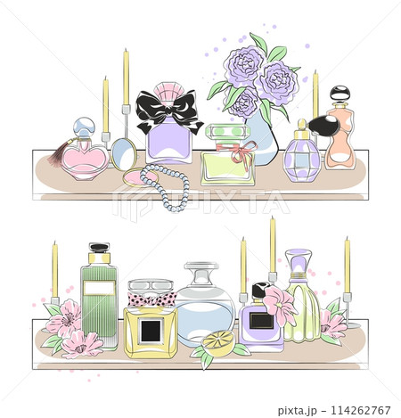 Shelves with perfumes. Different glass bottles with eau de toilette, designer fragrance flasks, body colognes jars, glamour container with aroma liquid, luxury cosmetic, tidy vector concept 114262767