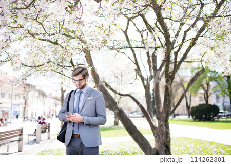 Handsome businessman scrolling on smartphone while standing on city street, going to office. Manager smiling, outdoor in urban setting 114262801