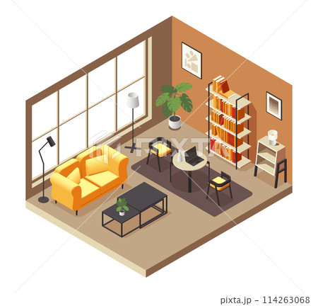 Living room isometric concept. Modern cozy apartment interior with furniture, sofa armchair coffee table and floor lamp. Vector 3D illustration Living room isometric concept. Modern cozy apartment interior with furniture, sofa armchair coffee table and floor lamp. Vector 3D illustration 114263068