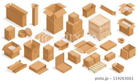 Isometric open boxes. Closed and open cardboard carton crates, square and rectangular packaging containers. Vector isolated set 114263081