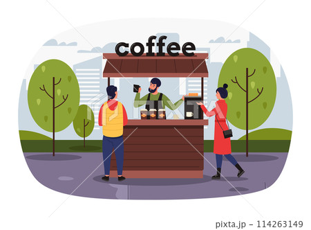 Street vendors, coffee shop and customers in park Street vendors, coffee shop and customers in park 114263149