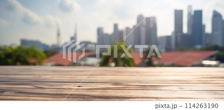 Wood table mockup with Singapore city street in shallow depth of field. Copy space for product. Generative AI 114263190