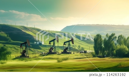 Oil pump on on hills landscape. Oil pumps. Generative AI 114263192