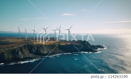 Windmill farm on the ocean shore, windmills on a sunny day. Generative AI 114263290