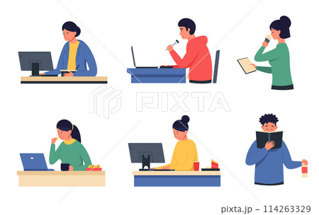 Cartoon men and women eating at work in front of laptop and computer, office lunch and remote work disadvantage 114263329