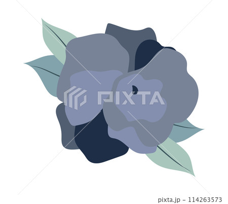 Abstract rose with blue petals in flat design. Blossom plant with leaves. Vector illustration isolated. 114263573