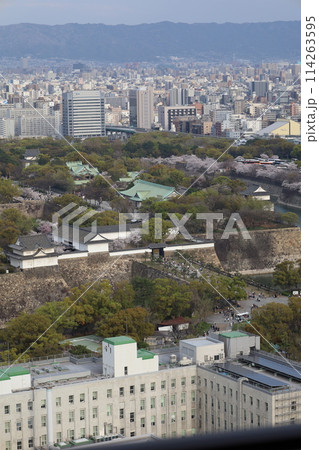 空から眺める大阪城鳥瞰図 桜の季節 生駒山系 春の青空に映える満開の桜 空から眺める大阪城鳥瞰図 桜の季節 生駒山系 春の青空に映える満開の桜 114263595