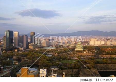 空から眺める大阪城鳥瞰図　桜の季節　生駒山系　春の青空に映える満開の桜 114263622
