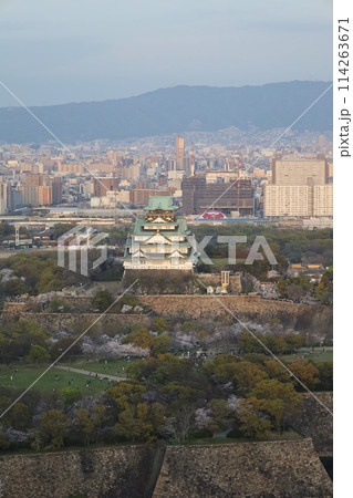 空から眺める大阪城鳥瞰図 桜の季節 生駒山系 春の青空に映える満開の桜 空から眺める大阪城鳥瞰図 桜の季節 生駒山系 春の青空に映える満開の桜 114263671