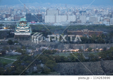 空から眺める大阪城鳥瞰図　桜の季節　生駒山系　黄昏時と夜景の大阪城ライトアップ 114263690