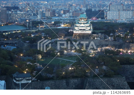 空から眺める大阪城鳥瞰図 桜の季節 生駒山系 黄昏時と夜景の大阪城ライトアップ 空から眺める大阪城鳥瞰図 桜の季節 生駒山系 黄昏時と夜景の大阪城ライトアップ 114263695