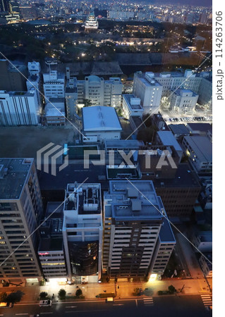 空から眺める大阪城鳥瞰図　桜の季節　生駒山系　黄昏時と夜景の大阪城ライトアップ 114263706
