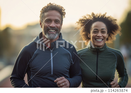 Handsome middle age POC mixed race couple jogging 114263874