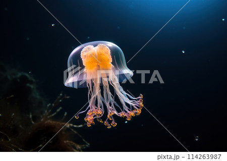Jellyfish floating in dark blue ocean 114263987