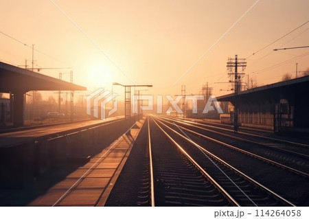 Train awaiting departure in morning light 114264058