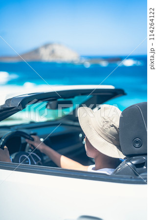 晴れた日にオープンカーを運転する若い男性 晴れた日にオープンカーを運転する若い男性 114264122