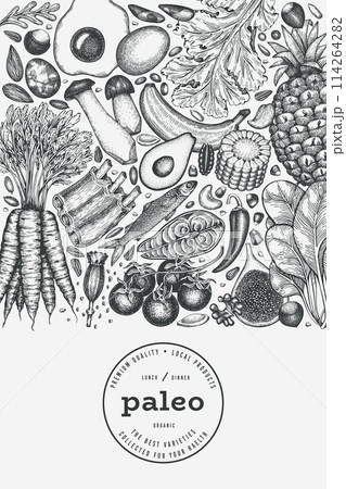 Paleo Diet Design Template. Vector Hand Drawn Healthy Food Banner. Vintage Style Menu Illustration. 114264282