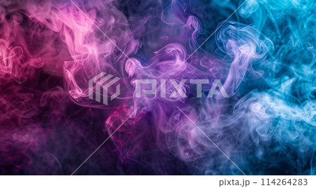 Vivid swirls of blue and pink smoke intertwine, creating a dynamic and ethereal motion background 114264283