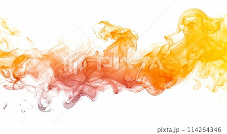 Vivid orange smoke swirls dynamically on a clean background, creating a sense of motion and abstract beauty in this image 114264346