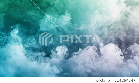 Ethereal swirls of turquoise and blue smoke create a dynamic motion background with a tranquil, ghostly effect 114264347