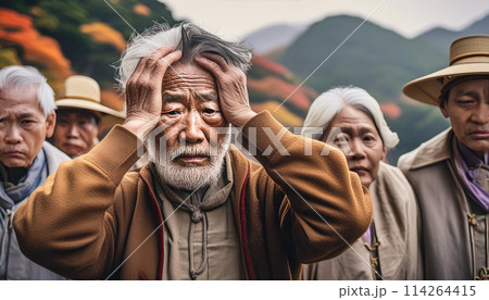 頭を抱えて悩む人々（AI生成画像） 114264415