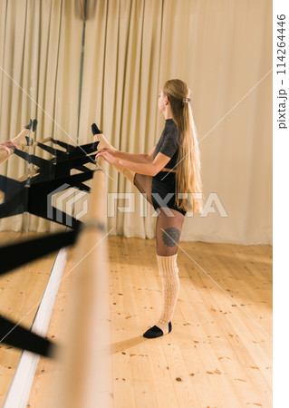Female ballet dancer practicing at barre in dance studio - dance and ballerina concept Female ballet dancer practicing at barre in dance studio - dance and ballerina concept 114264446