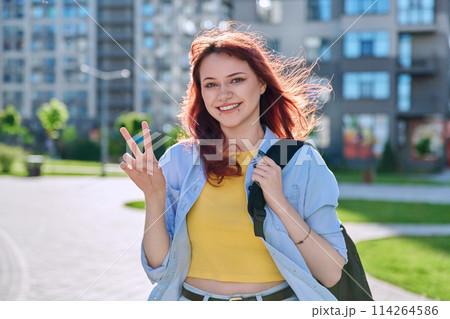 Young smiling red-haired hipster female with facial piercing looking at camera outdoor 114264586