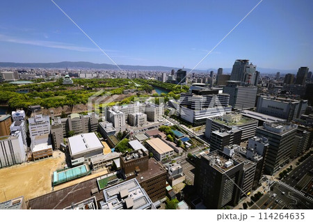 ゴールデンウィーク、五月初旬、若葉、初夏の大阪城公園、タワマンのラウンジから望む新緑の大阪城 114264635